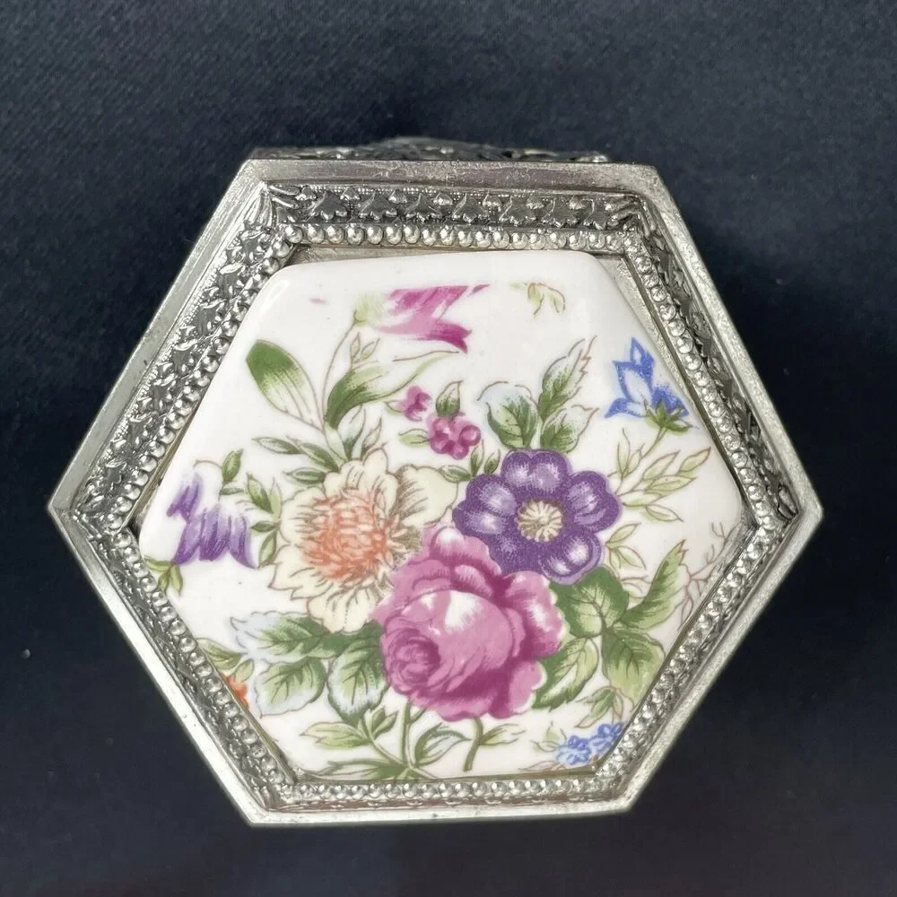 Vintage Japan Jewelry Trinket Box Silver Plated Painted Floral Hinged Top Lined - Picture 3 of 15
